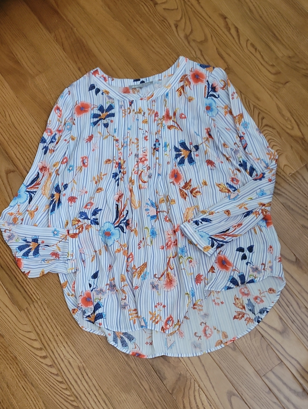 Daniel Rainn White Striped Blouse with Blue and Orange Floral Print